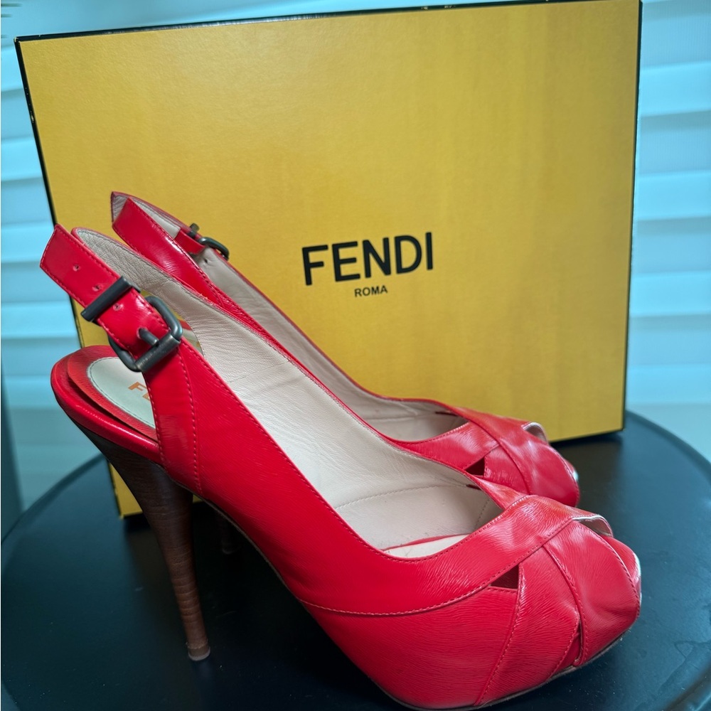 Fendi Red Slingback Peep-Toe Heels
